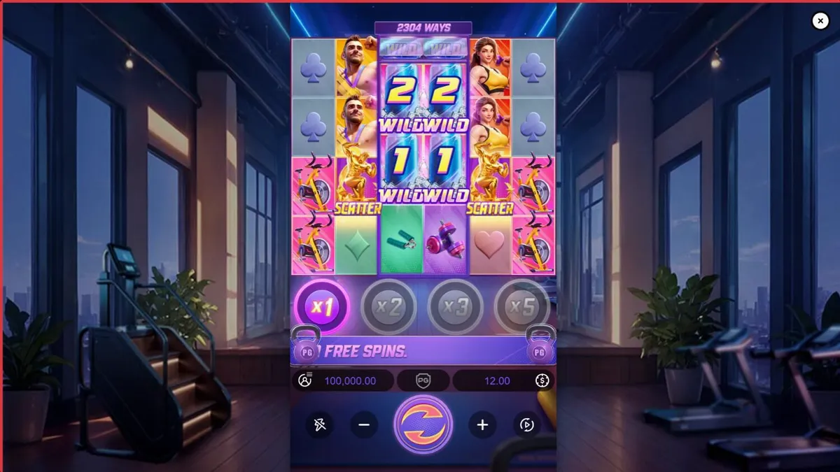 Tampilan visual slot Mighty Mania dengan tema gym dan neon