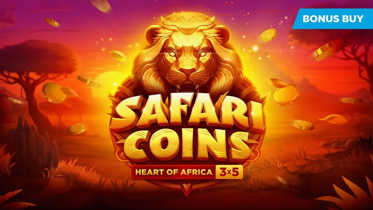 Pemandangan visual slot Safari Coins dengan latar belakang savana Afrika yang megah